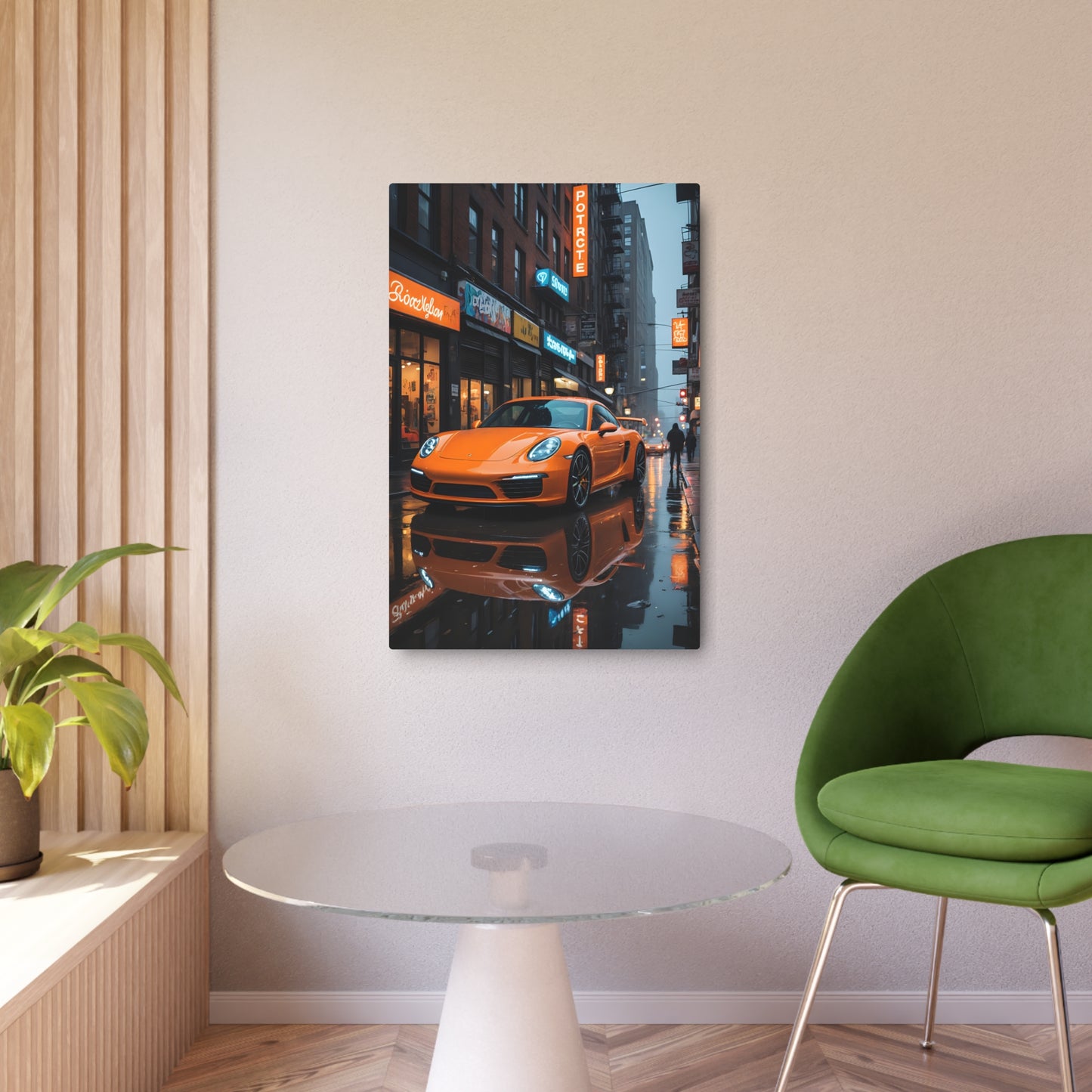 Orange Sports Car in Rainy Urban Street Scene Metal Art Sign