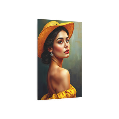 Radiant Beauty Metal Sign Artwork - Elegant Woman in Yellow Hat