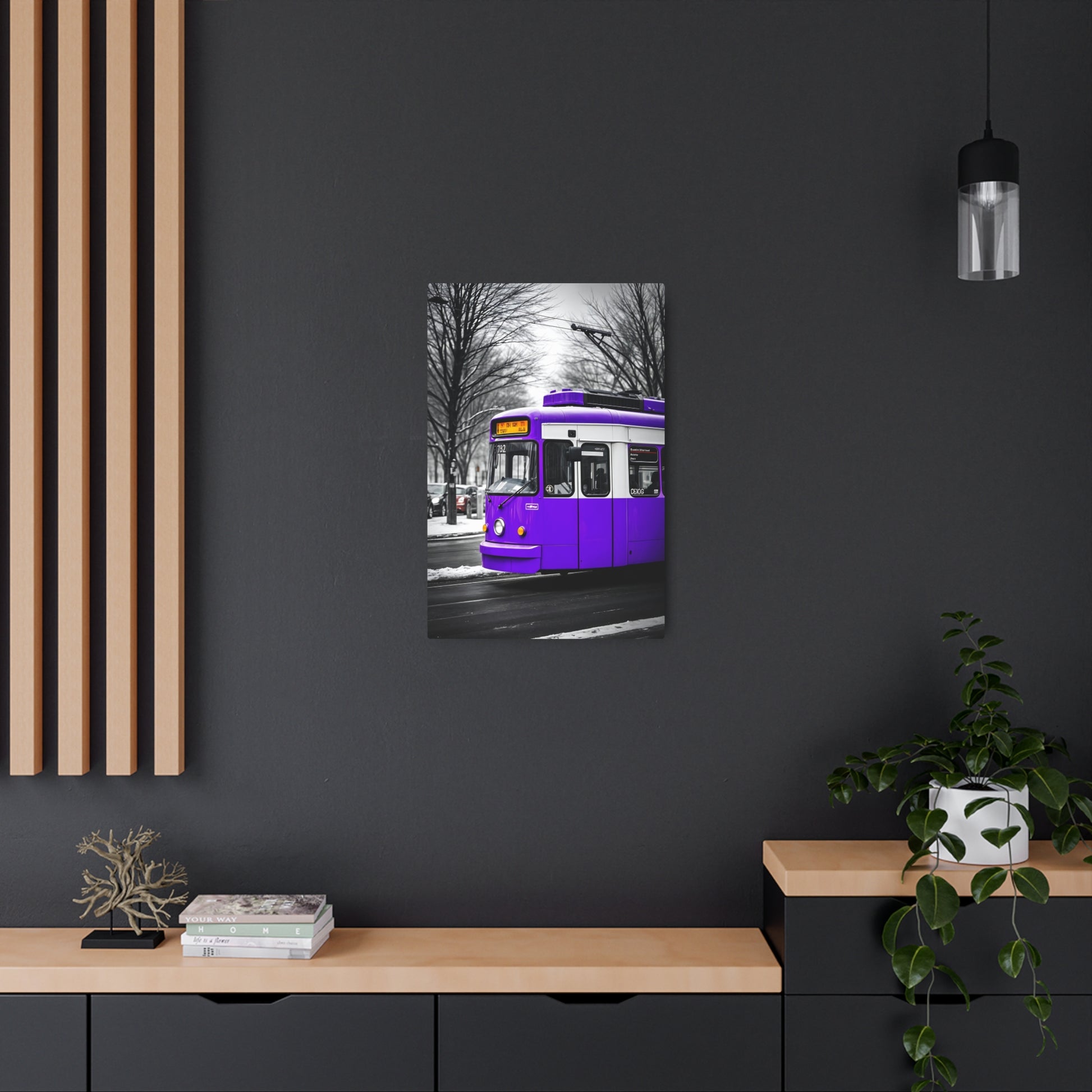 Vibrant Purple Tram Metal Sign Artwork – Urban Transportation Decor