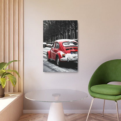 Vintage Red Beetle in Winter Wonderland – Metal Sign Artwork