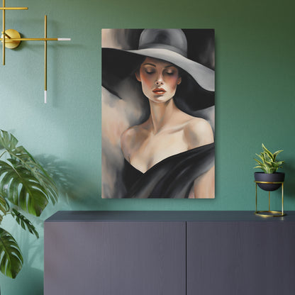 Elegant Modern Portrait Art: Woman with Hat – Timeless Beauty in Oil Painting Metal Art Sign 24" x 36" (Vertical) 0.12''