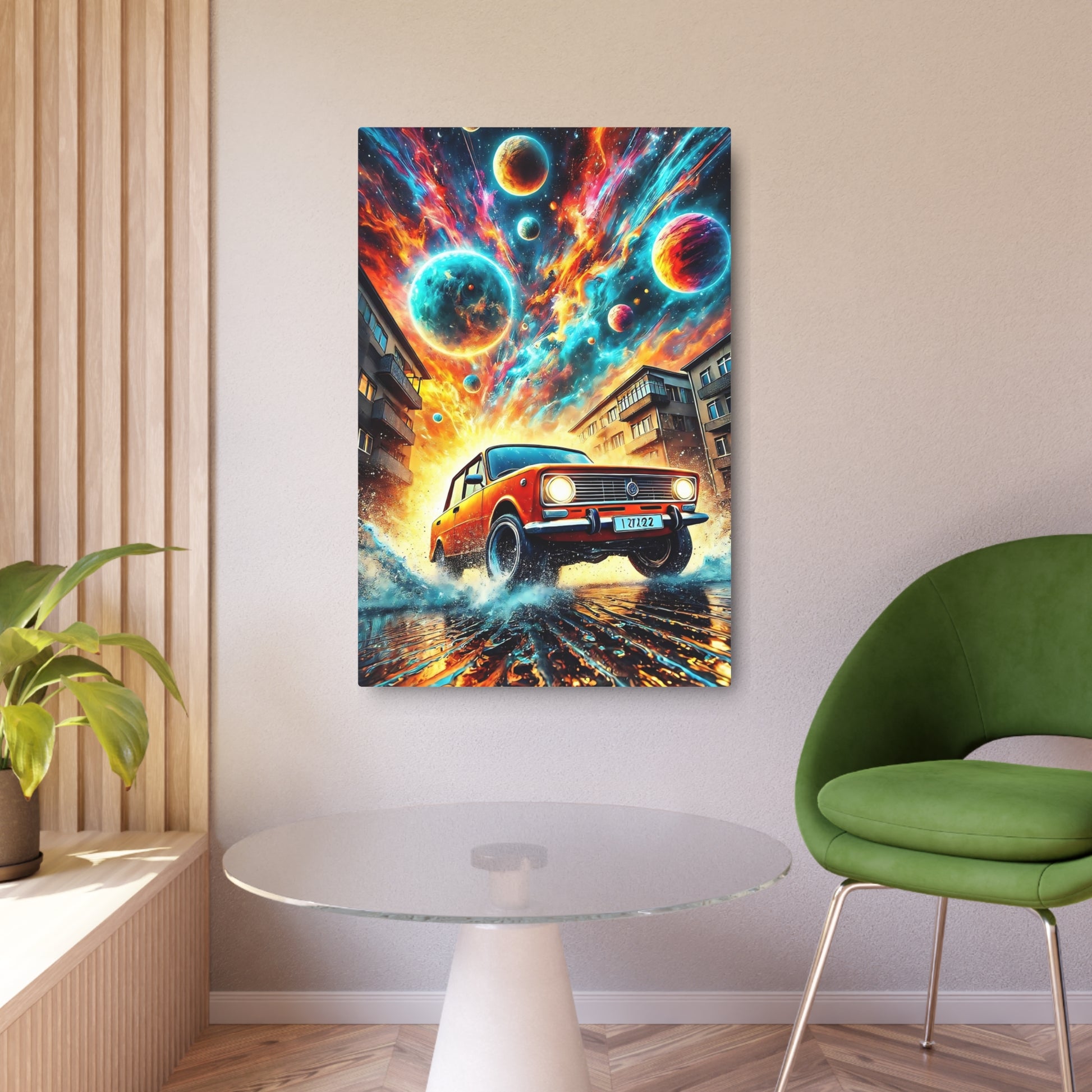 Cosmic Velocity: The Red Lada’s Cosmic Journey Metal Art Sign