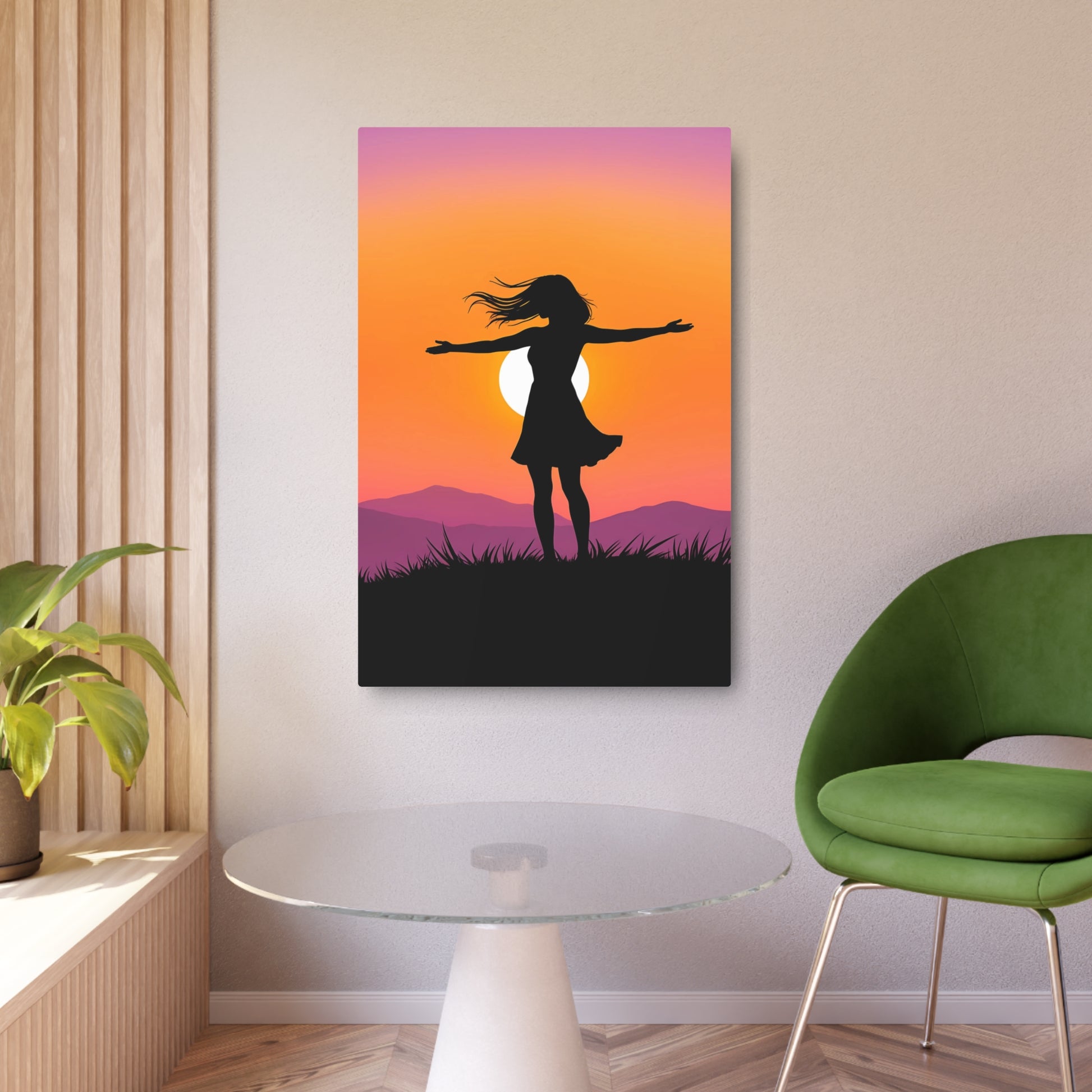 Embracing Freedom: Silhouette of a Woman at Sunset Metal Art Sign