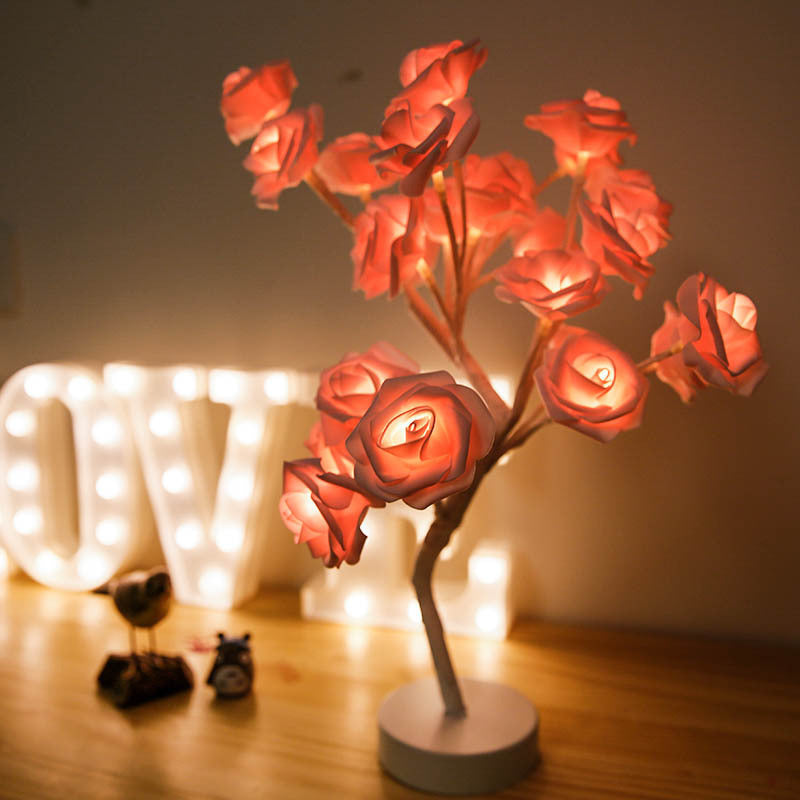 Rose Flower Lamp USB Battery Operated LED Table Lamp Bonsai Tree Night Lights Garland Bedroom Decoration Lights Home Decor Pink