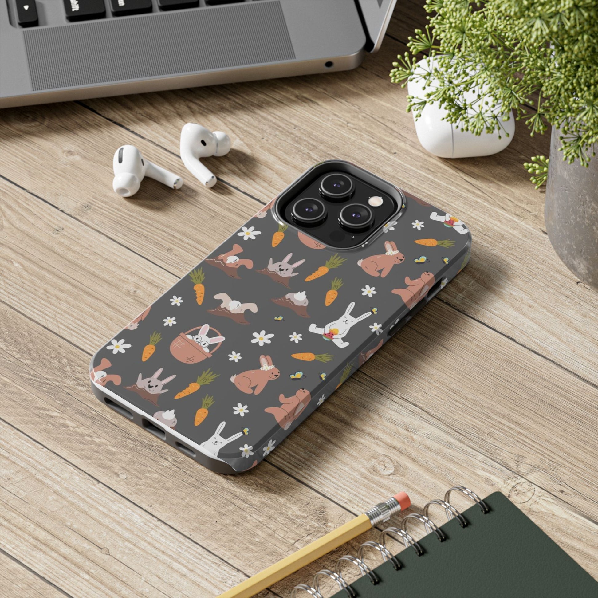 Funny easter rabbits pattern on grey background Tough Phone Cases