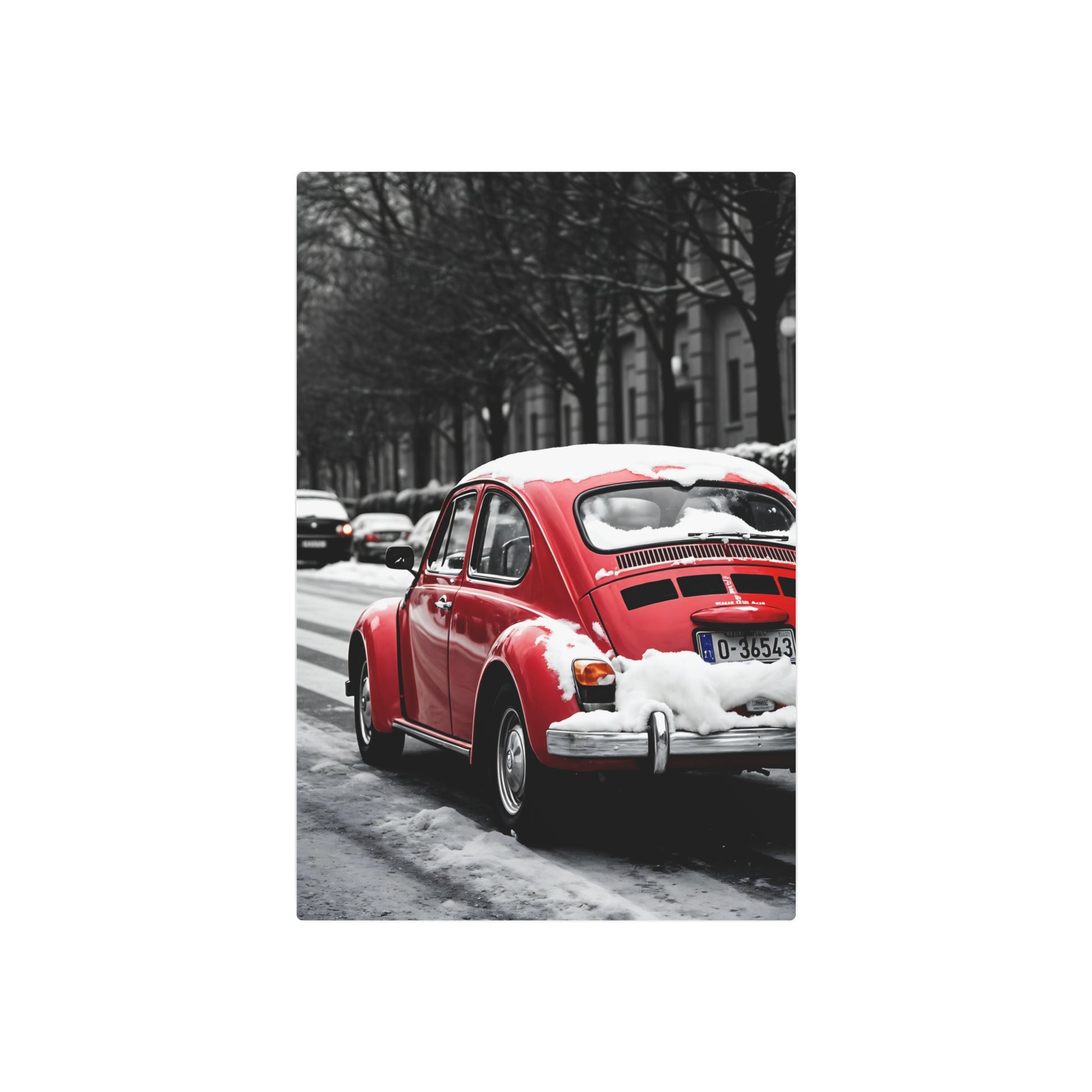 Vintage Red Beetle in Winter Wonderland – Metal Sign Artwork