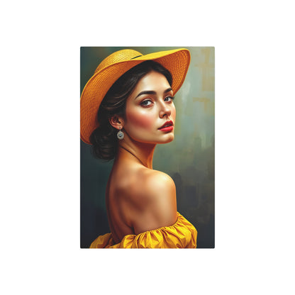 Radiant Beauty Metal Sign Artwork - Elegant Woman in Yellow Hat