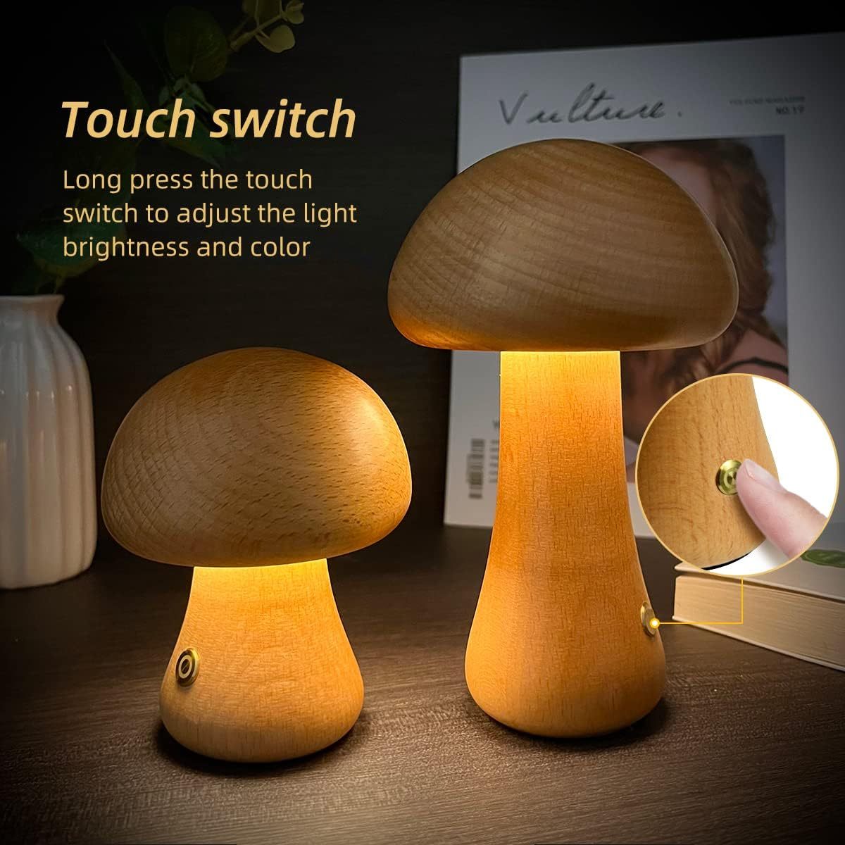 INS Wooden Cute Mushroom LED Night Light With Touch Switch Bedside Table Lamp For Bedroom Childrens Room Sleeping Night Lamps Home Decor