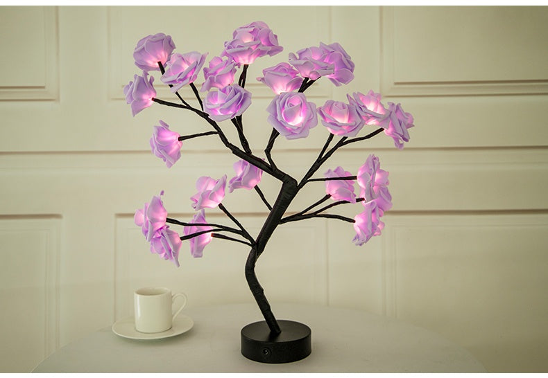 Rose Flower Lamp USB Battery Operated LED Table Lamp Bonsai Tree Night Lights Garland Bedroom Decoration Lights Home Decor Purple black