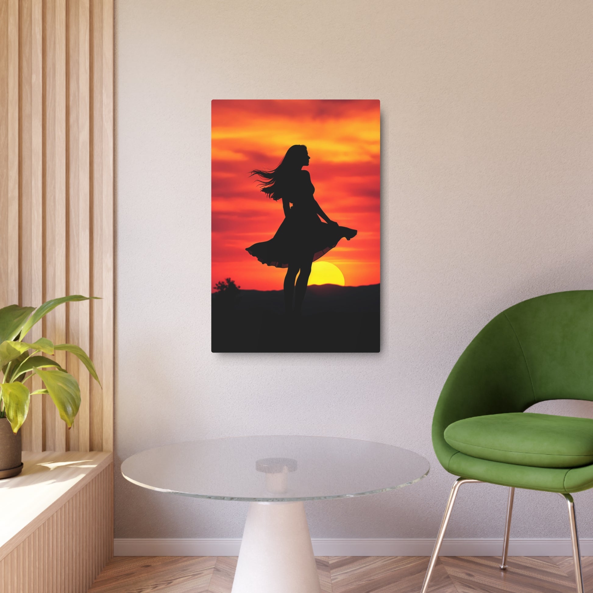 Silhouette of Serenity: Woman Against a Stunning Sunset Metal Art Sign