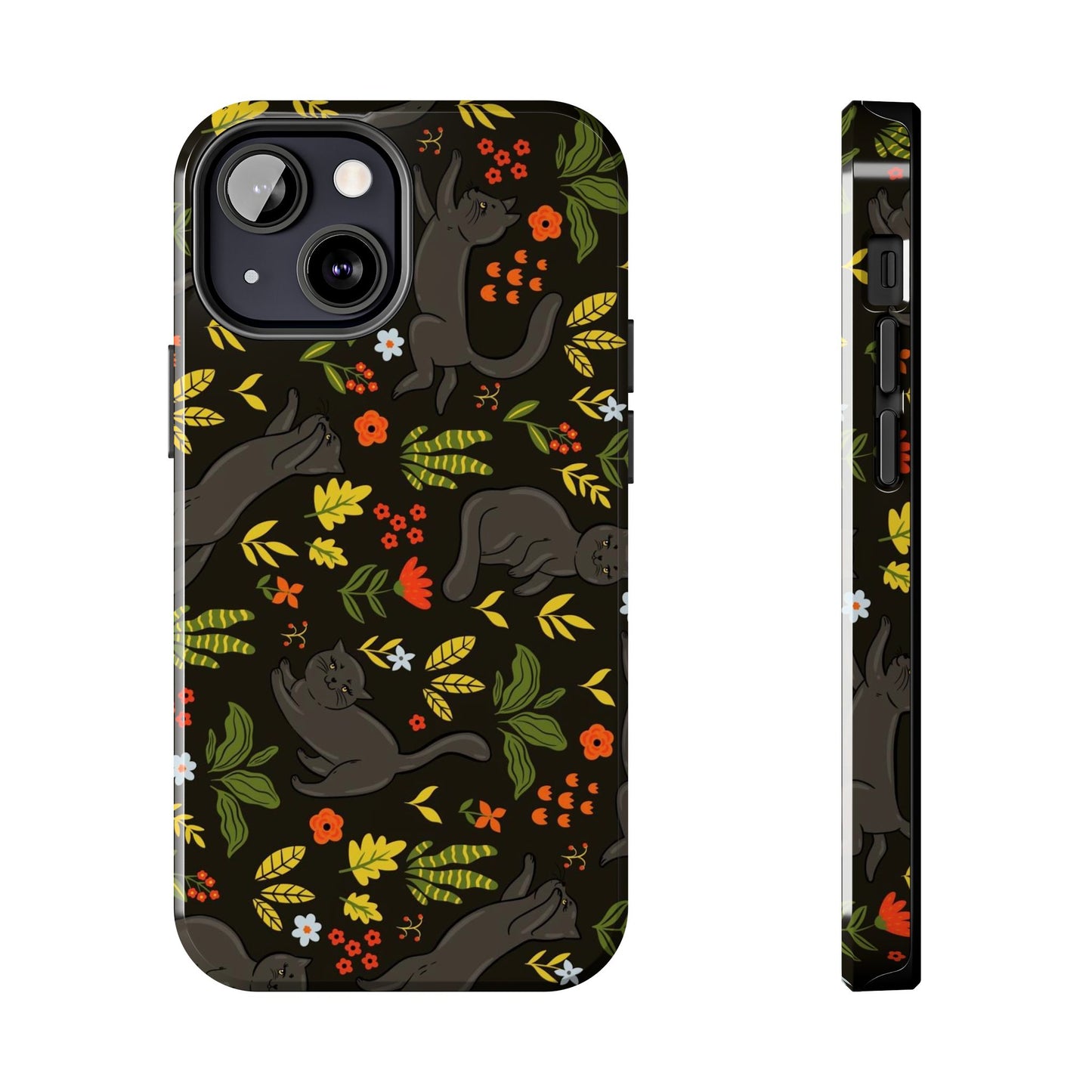 Seamless pattern with black cute cats and flowers Tough Phone Cases iPhone 13 Mini