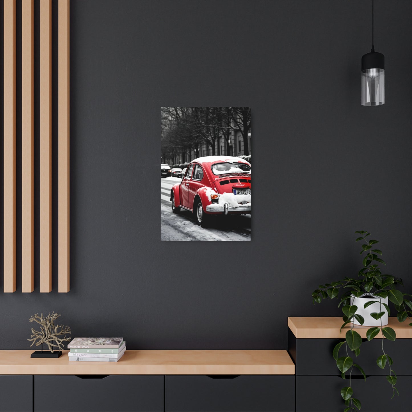 Vintage Red Beetle in Winter Wonderland – Metal Sign Artwork