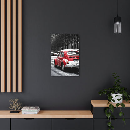 Vintage Red Beetle in Winter Wonderland – Metal Sign Artwork