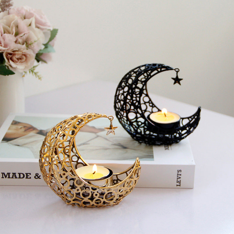 Light Luxury Crescent Moon Star Moon Black Gold Metal Candle Holder Modern Romantic Wedding Christmas Candle Cup Home Decor 2pcs set