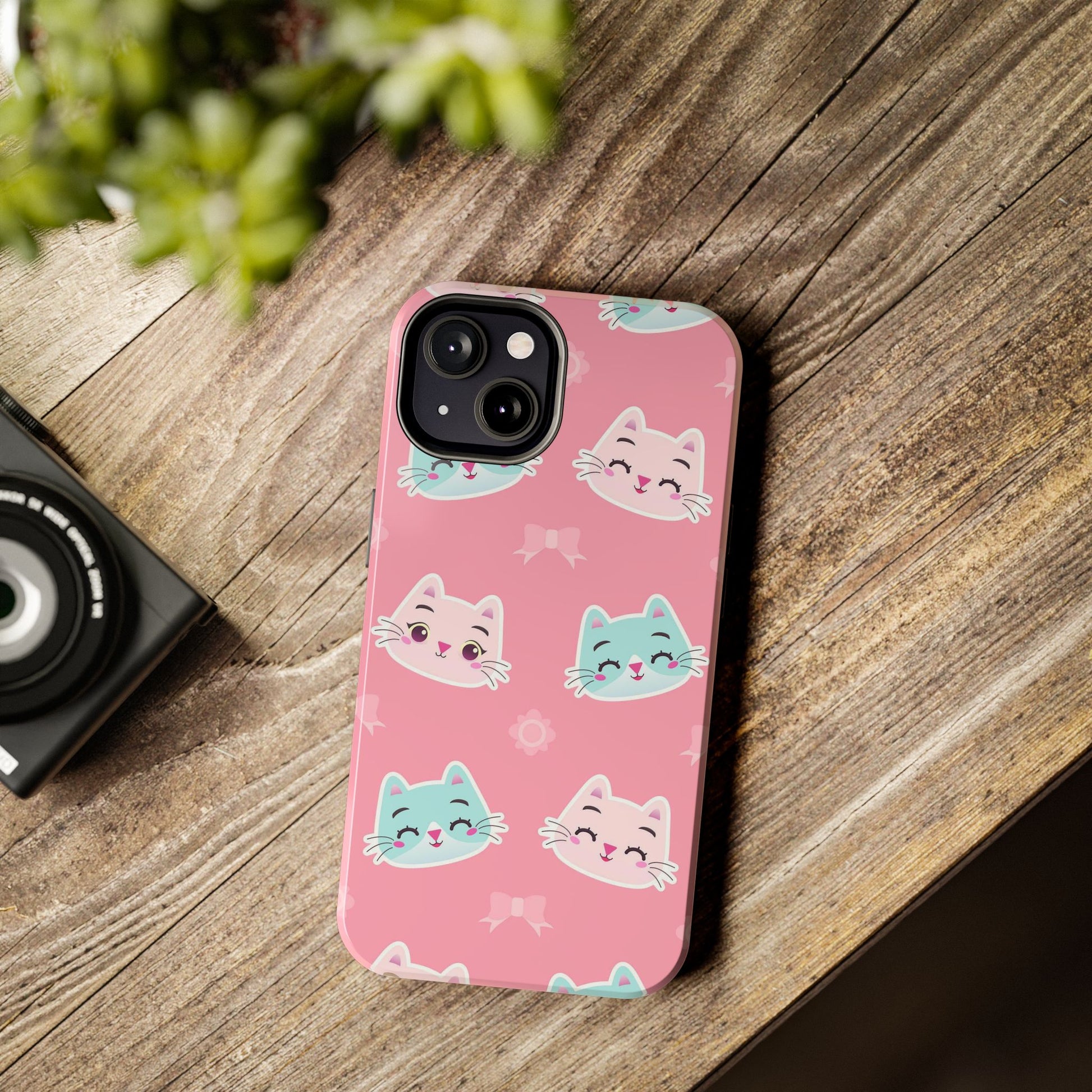 Cute colorful cat kitten with ribbon and flowers Tough Phone Cases