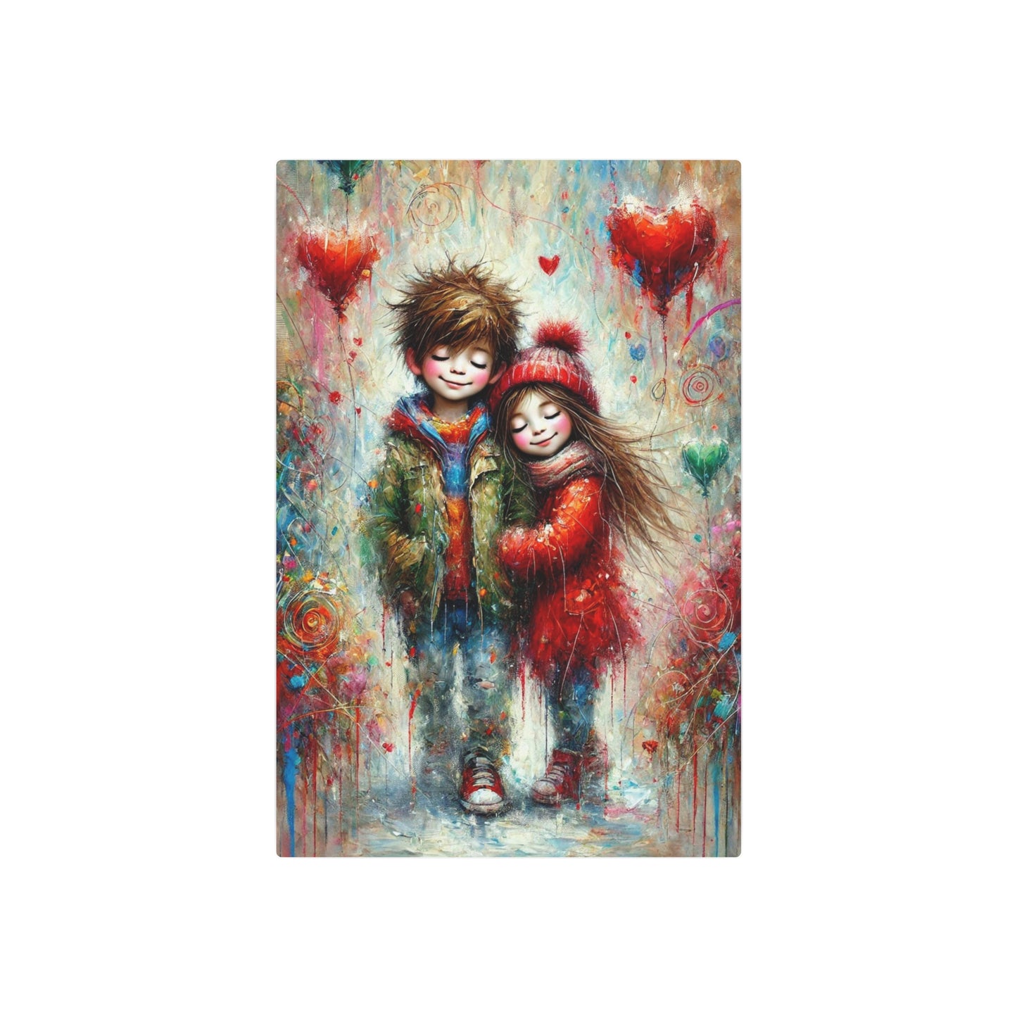 Innocence and Whimsy in a World of Colorful Hearts Metal Art Sign