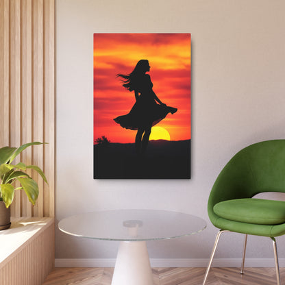 Silhouette of Serenity: Woman Against a Stunning Sunset Metal Art Sign