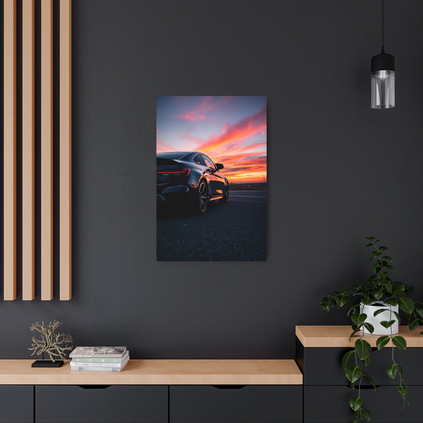 Stunning Metal Sign Featuring a Sleek Sports Car at Sunset - Perfect for Automotive Enthusiasts