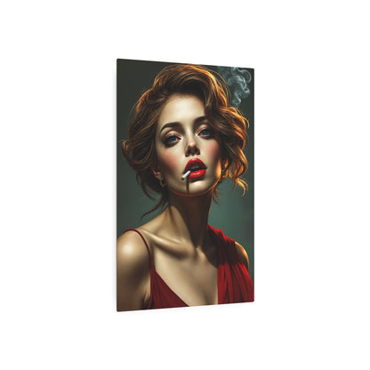 Captivating Portrait of a Glamorous Woman in Red - Artistic Masterpiece Metal Art Sign