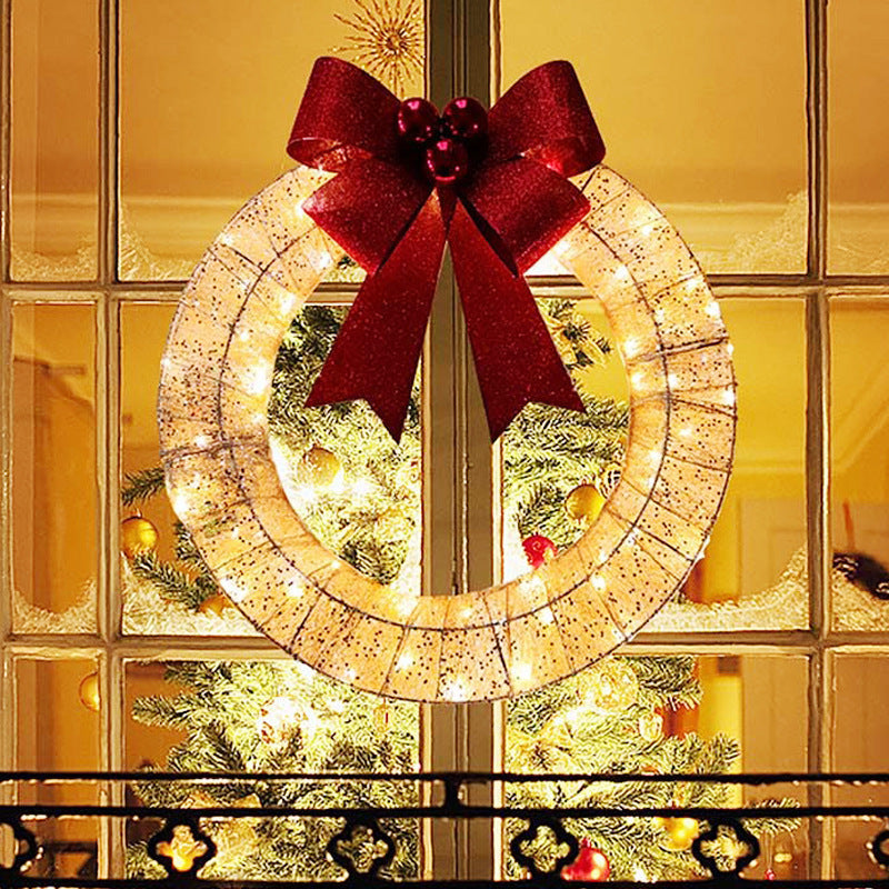 Christmas Garland 50CM Luminous LED Warm Light Metal Luminous Wreath With Big Bowknot Christmas Front Door Home Holiday Party Door Hanging Decor Gold 50cm