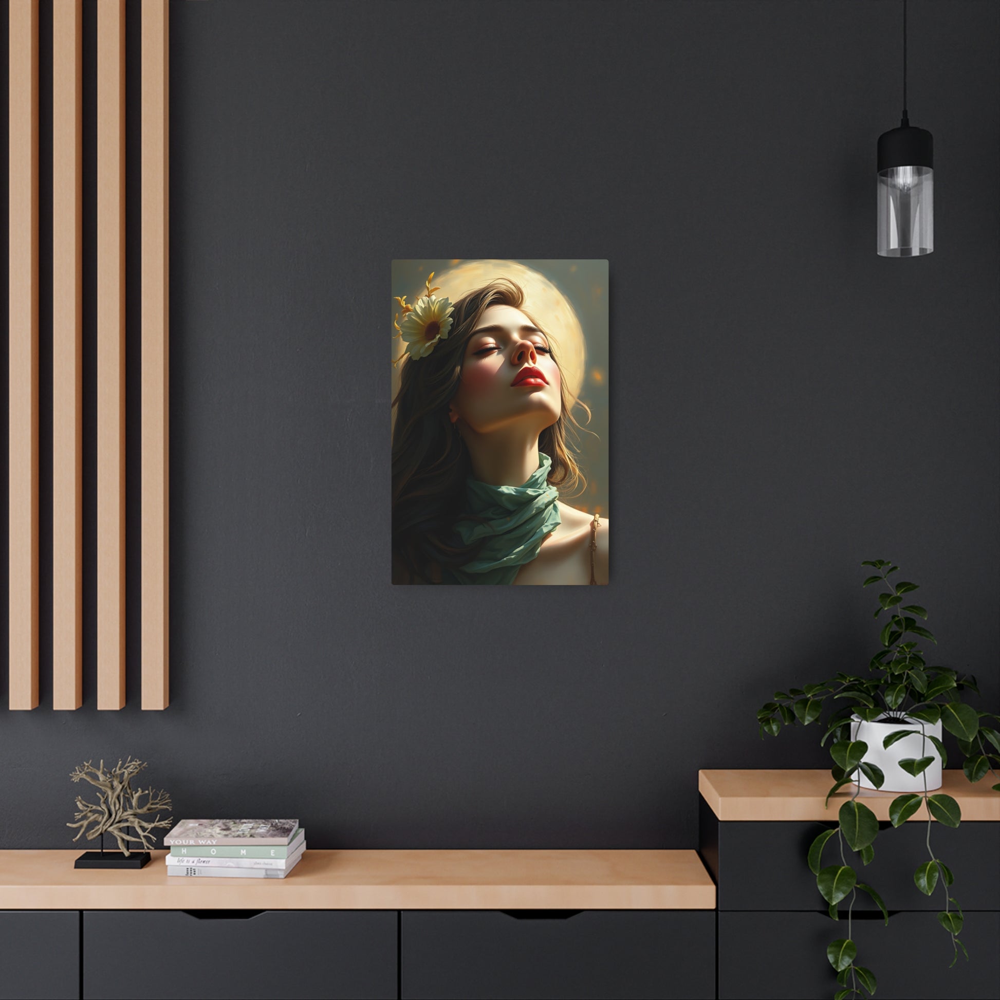 Ethereal Beauty: Metal Printed Art Sign Featuring a Serene Woman