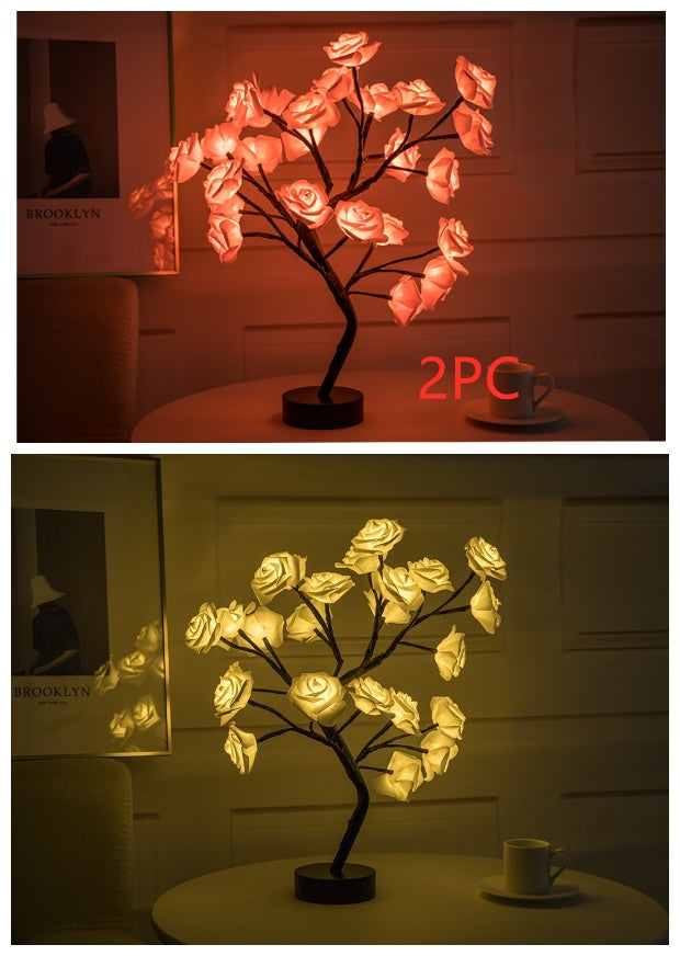 Rose Flower Lamp USB Battery Operated LED Table Lamp Bonsai Tree Night Lights Garland Bedroom Decoration Lights Home Decor 2PCPB1Black yellow