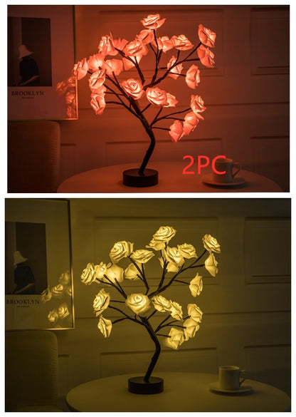 Rose Flower Lamp USB Battery Operated LED Table Lamp Bonsai Tree Night Lights Garland Bedroom Decoration Lights Home Decor 2PCPB1Black yellow