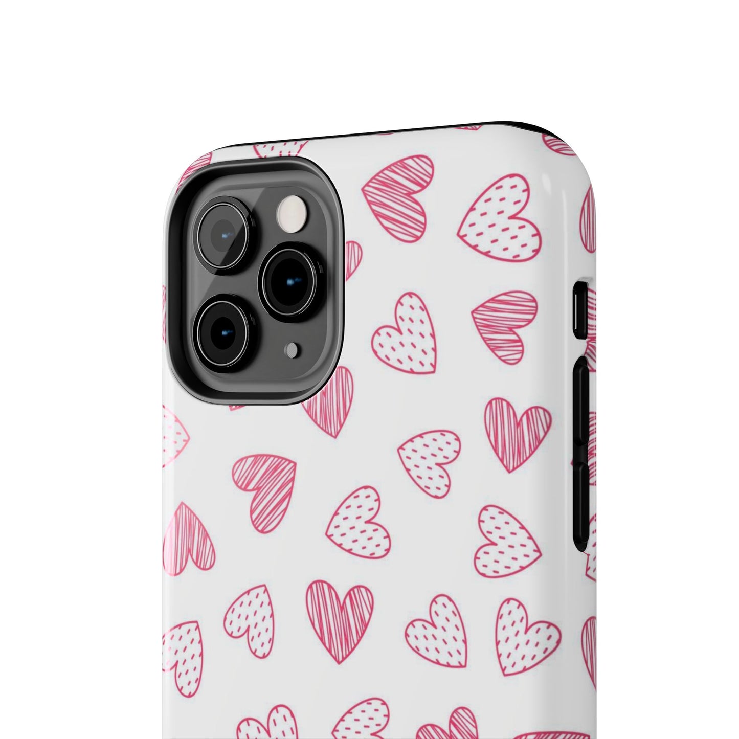 Cute seamless pattern with pink doodle hearts. Tough Phone Cases