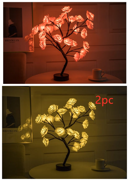 Rose Flower Lamp USB Battery Operated LED Table Lamp Bonsai Tree Night Lights Garland Bedroom Decoration Lights Home Decor 2PCBY1Pink black