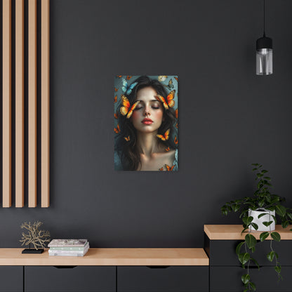 Ethereal Beauty: Woman Surrounded by Colorful Butterflies | Stunning Artwork Metal Art Sign