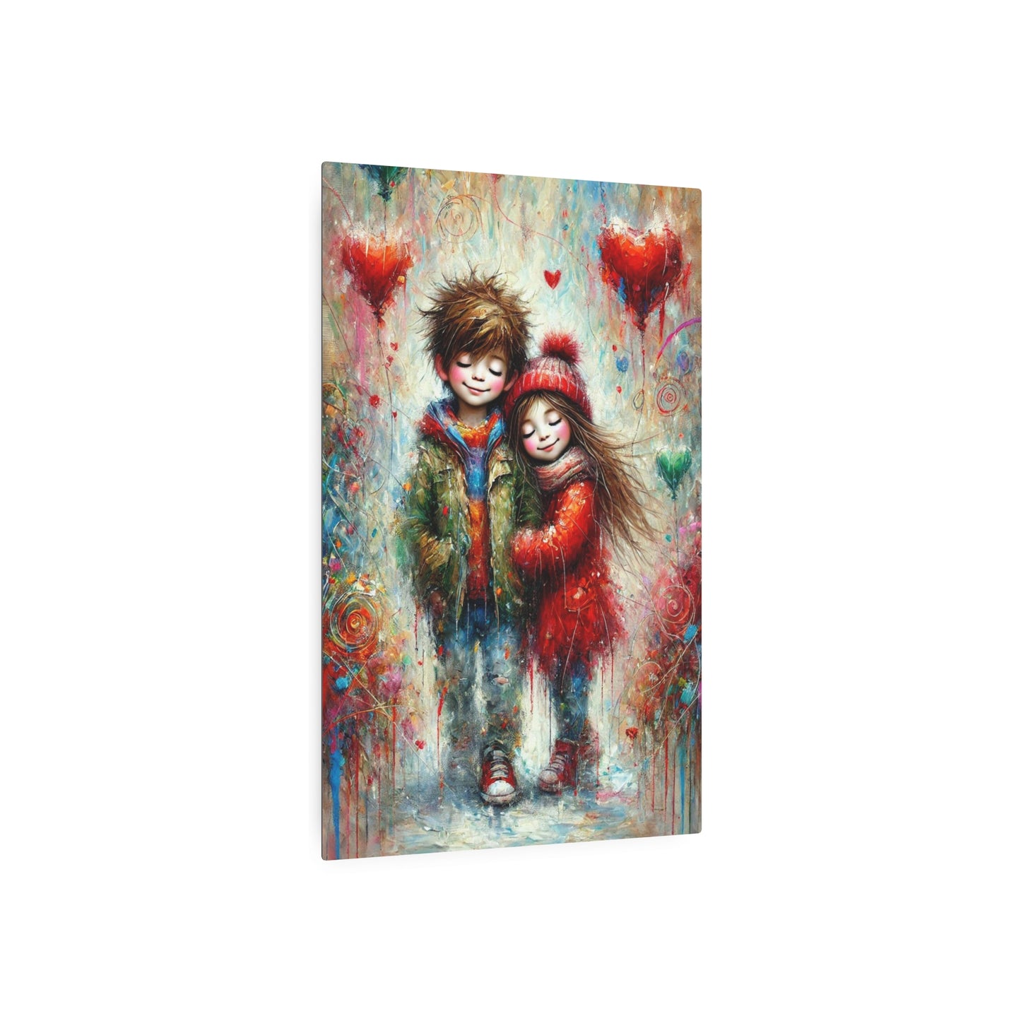 Innocence and Whimsy in a World of Colorful Hearts Metal Art Sign