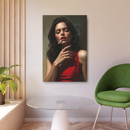 Stunning Portrait of Elegance: Woman in Red with Cigarette Smoke Metal Art Sign