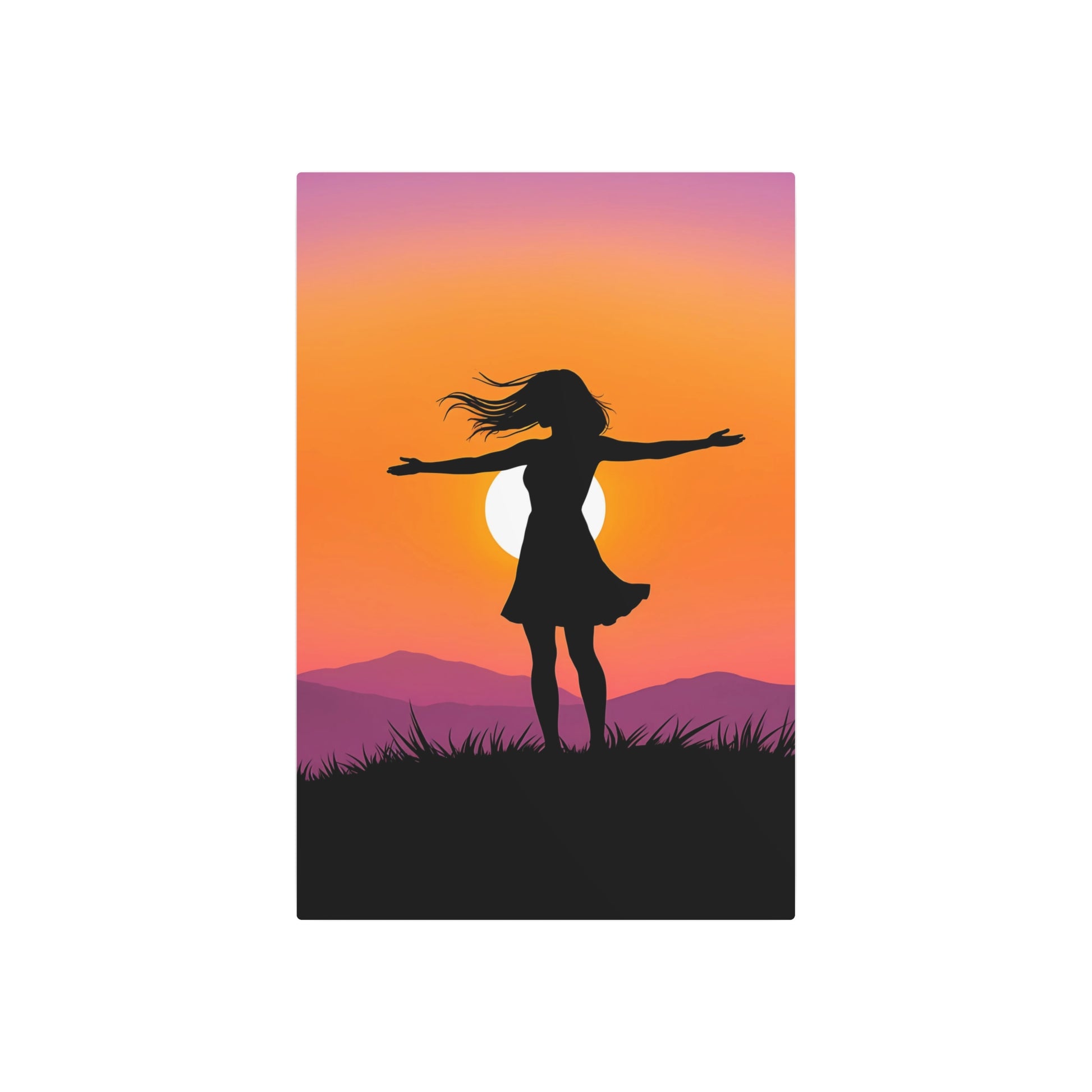 Embracing Freedom: Silhouette of a Woman at Sunset Metal Art Sign