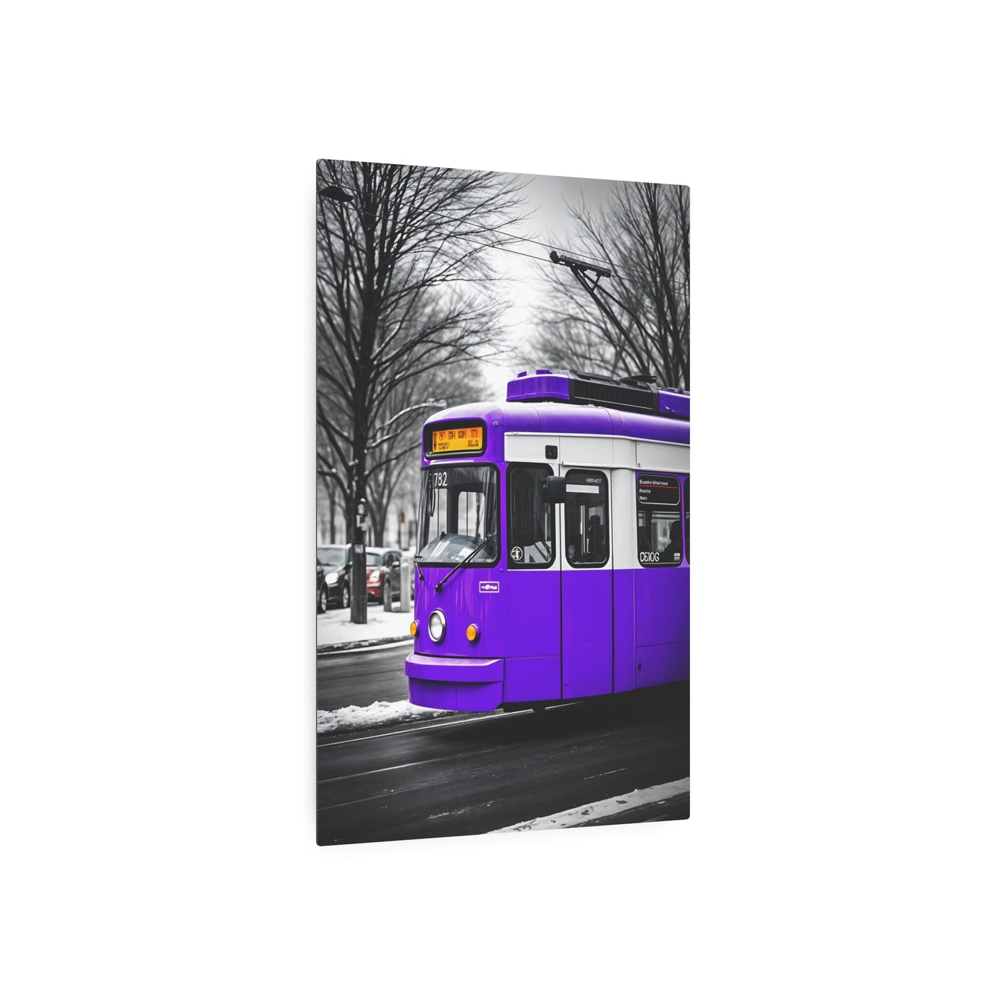 Vibrant Purple Tram Metal Sign Artwork – Urban Transportation Decor