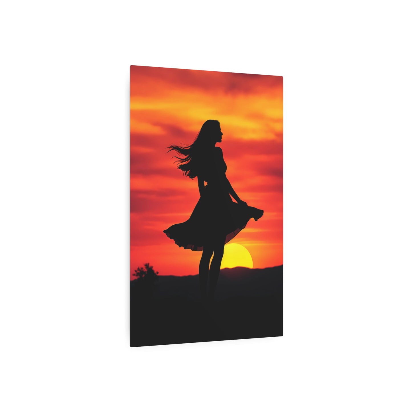 Silhouette of Serenity: Woman Against a Stunning Sunset Metal Art Sign