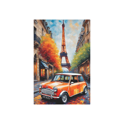 Parisian Charm: Mini Cooper in Autumn Glow Metal Art Sign