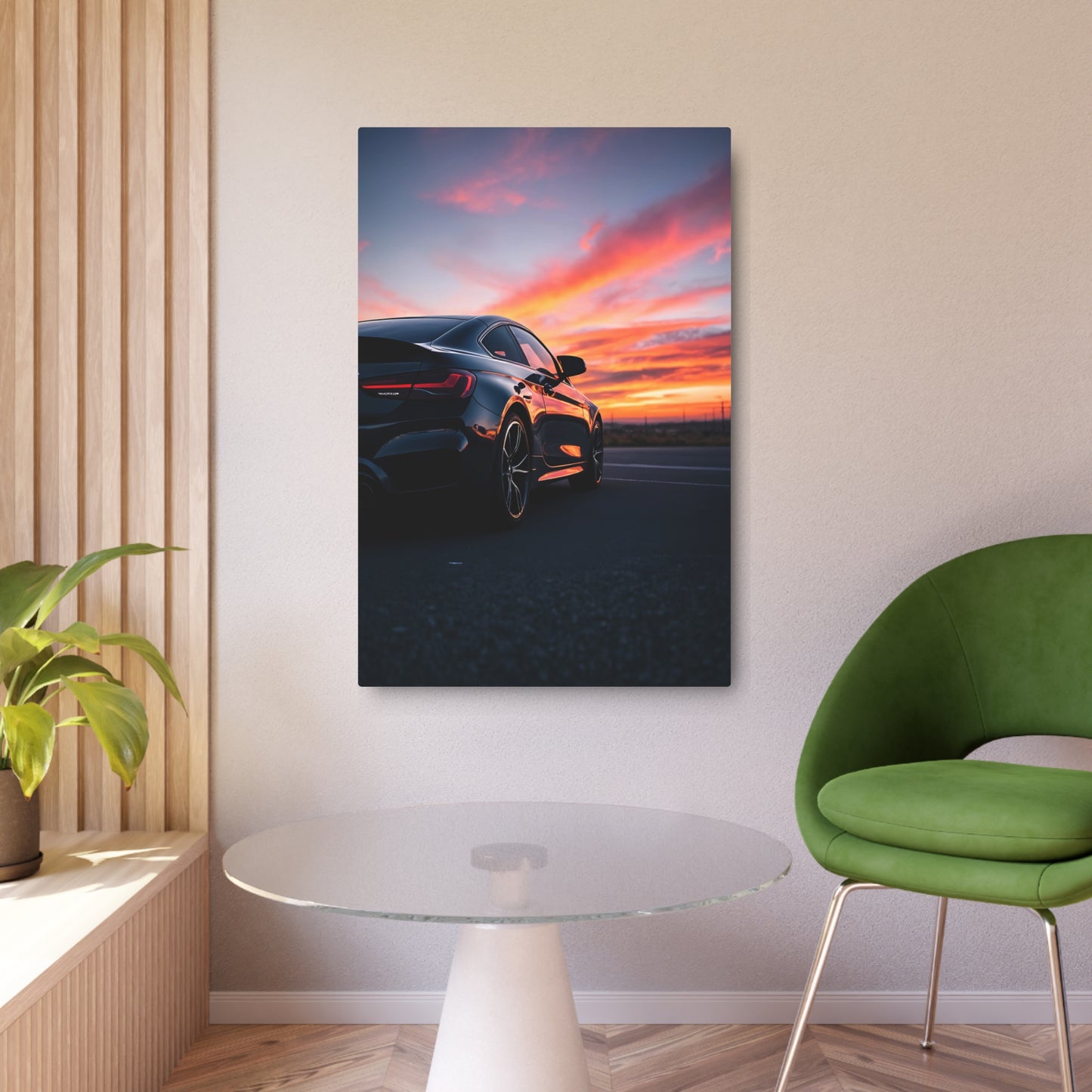 Stunning Metal Sign Featuring a Sleek Sports Car at Sunset - Perfect for Automotive Enthusiasts