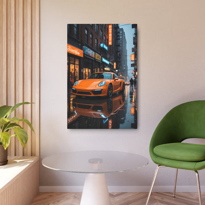 Orange Sports Car in Rainy Urban Street Scene Metal Art Sign