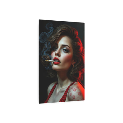 Seductive Portrait of a Glamorous Woman: Vintage Aesthetic with Red Accents Metal Art Sign