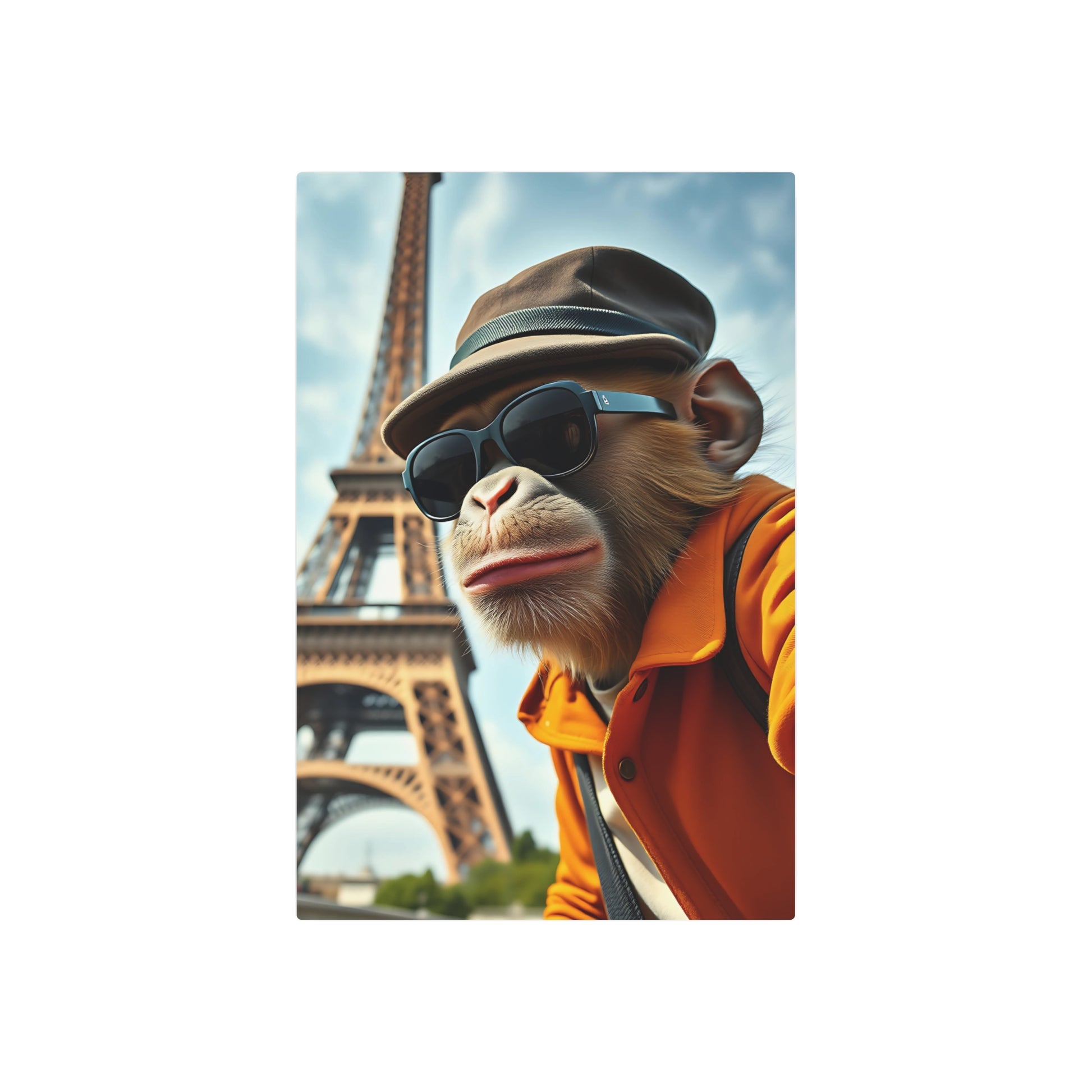 Chic Chimp in the City of Lights: A Whimsical Ode to Urban Adventure Metal Art Sign