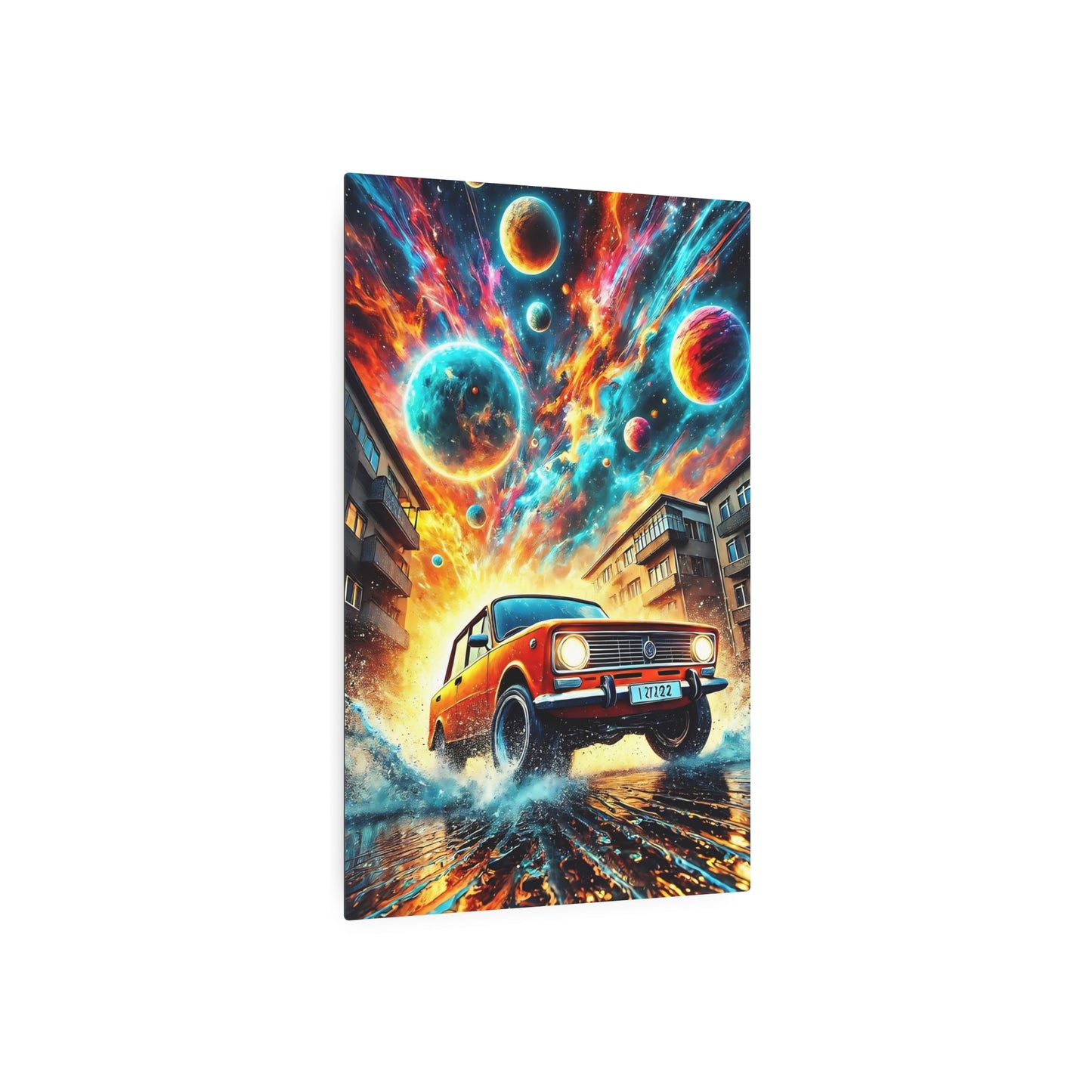 Cosmic Velocity: The Red Lada’s Cosmic Journey Metal Art Sign