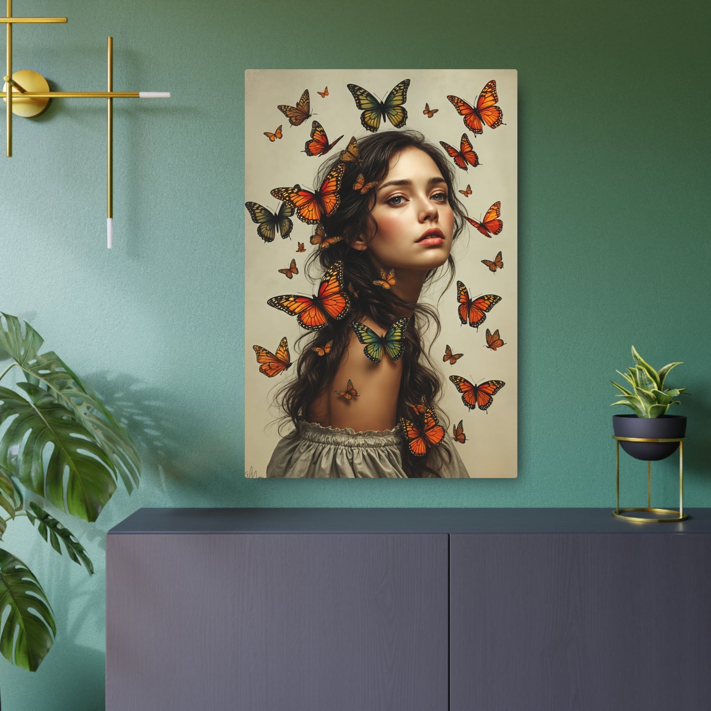 Enchanting Butterfly Fantasy Artwork | Transformative Portrait with Monarch Butterflies Metal Art Sign 24" x 36" (Vertical) 0.12''