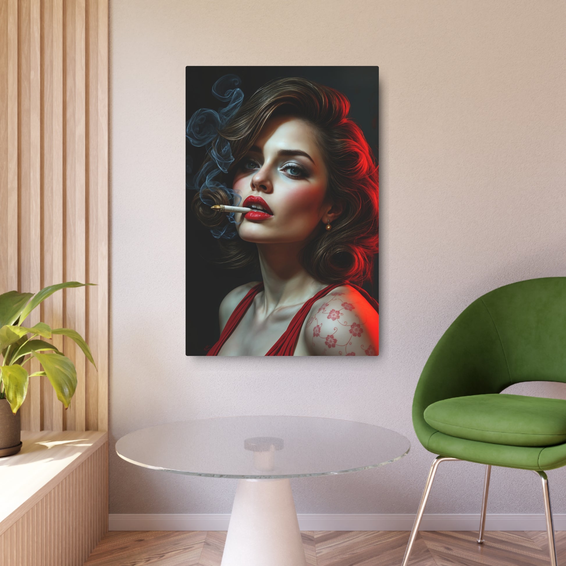 Seductive Portrait of a Glamorous Woman: Vintage Aesthetic with Red Accents Metal Art Sign