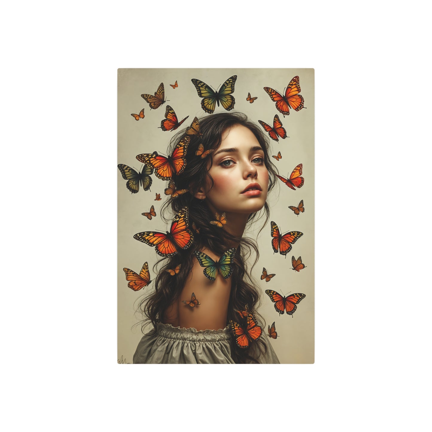 Enchanting Butterfly Fantasy Artwork | Transformative Portrait with Monarch Butterflies Metal Art Sign