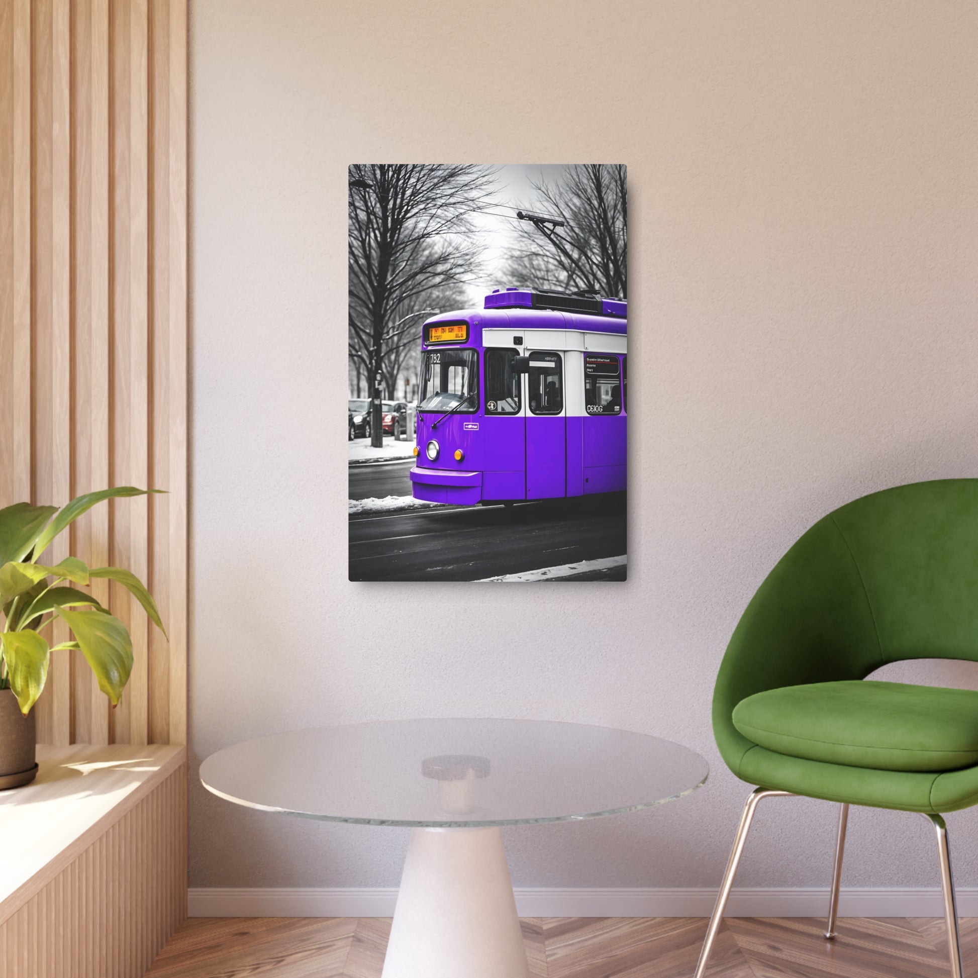 Vibrant Purple Tram Metal Sign Artwork – Urban Transportation Decor