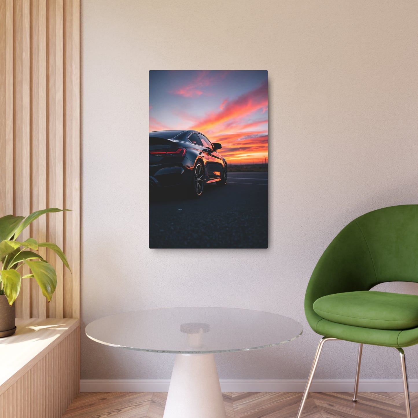 Stunning Metal Sign Featuring a Sleek Sports Car at Sunset - Perfect for Automotive Enthusiasts