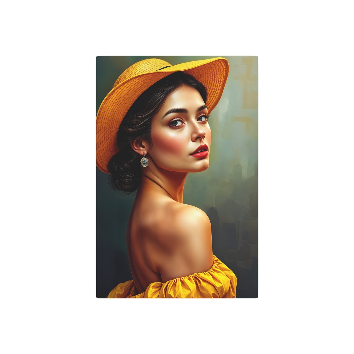 Radiant Beauty Metal Sign Artwork - Elegant Woman in Yellow Hat