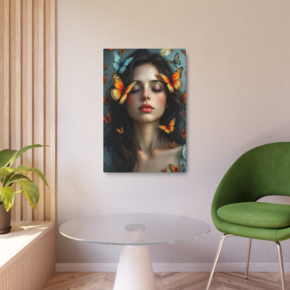 Ethereal Beauty: Woman Surrounded by Colorful Butterflies | Stunning Artwork Metal Art Sign