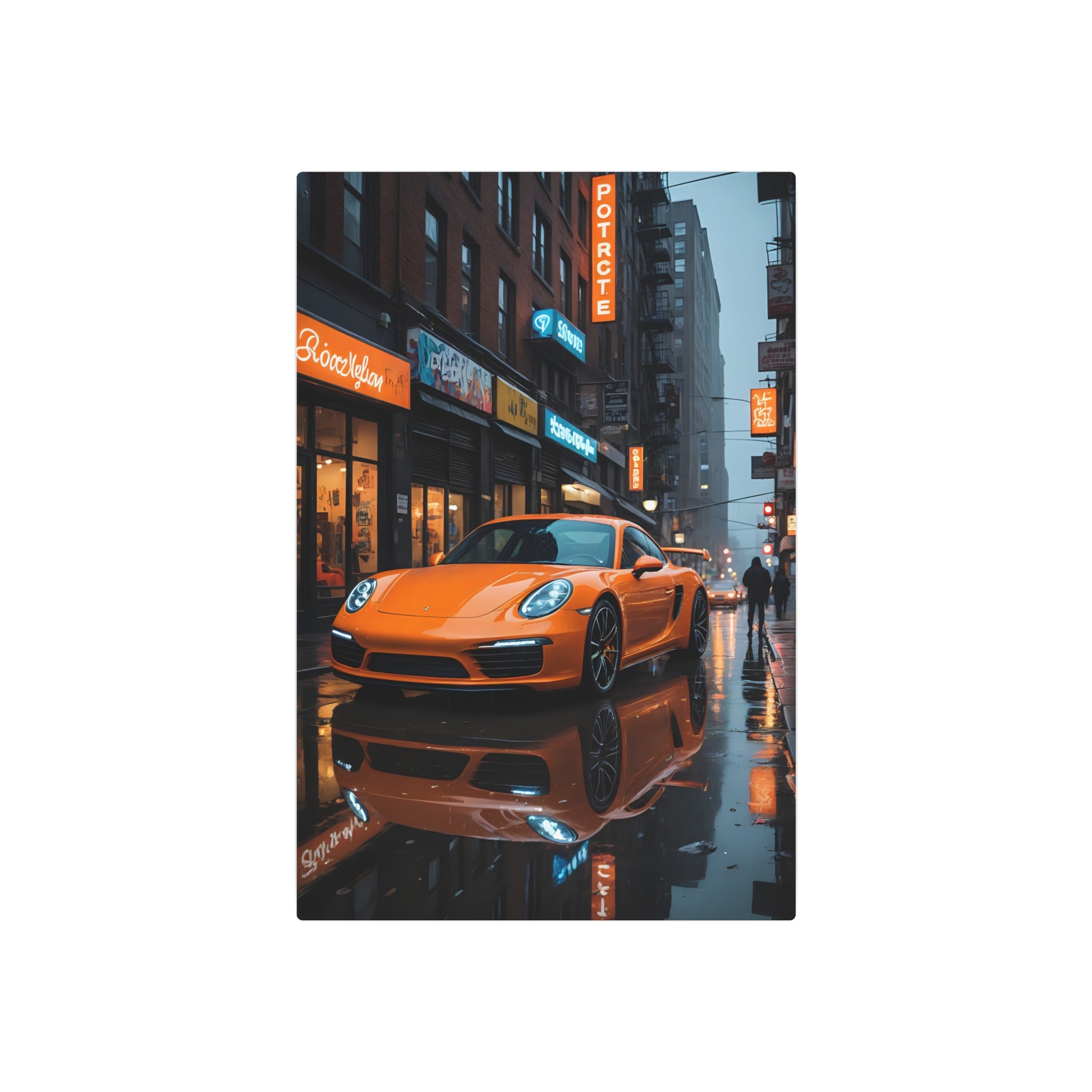 Orange Sports Car in Rainy Urban Street Scene Metal Art Sign