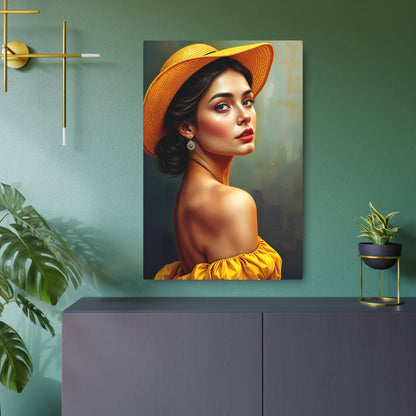 Radiant Beauty Metal Sign Artwork - Elegant Woman in Yellow Hat 24" x 36" (Vertical) 0.12''